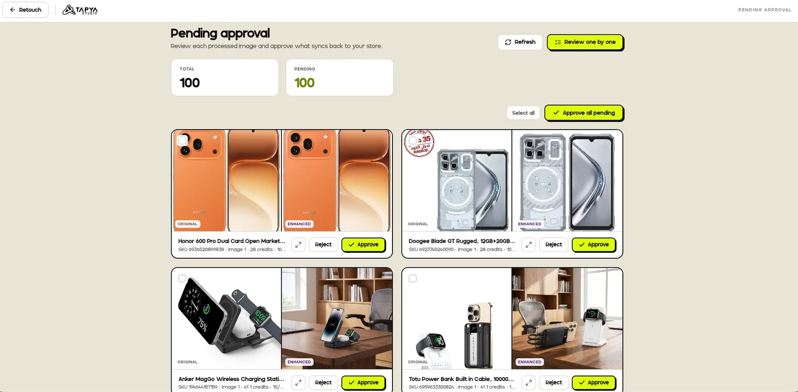 TAPYA approval queue: original and enhanced product images side by side, each approved before it syncs
