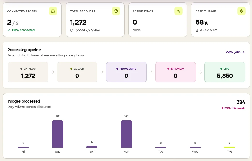 TAPYA Studio dashboard: connected stores, the processing pipeline from catalog to live, and images processed per day